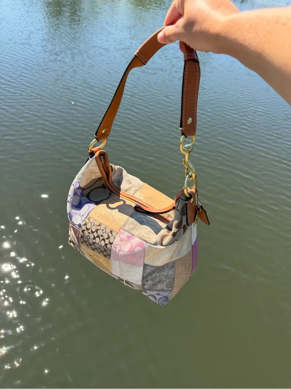 Coach Multicolor Patchwork Shoulder Bag in Pink, Tan, Cream, Brown, Purple
